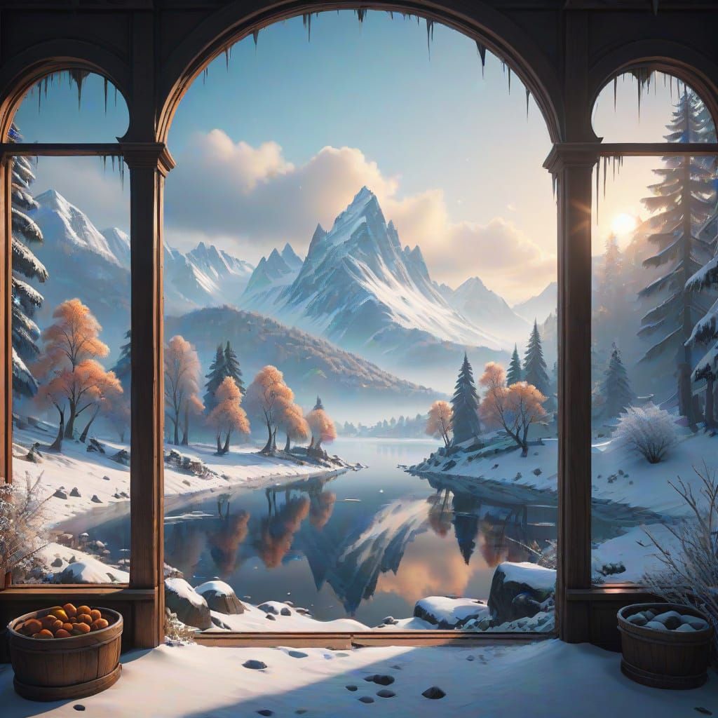 Serene Winter Scene Through Frosty Window Panes