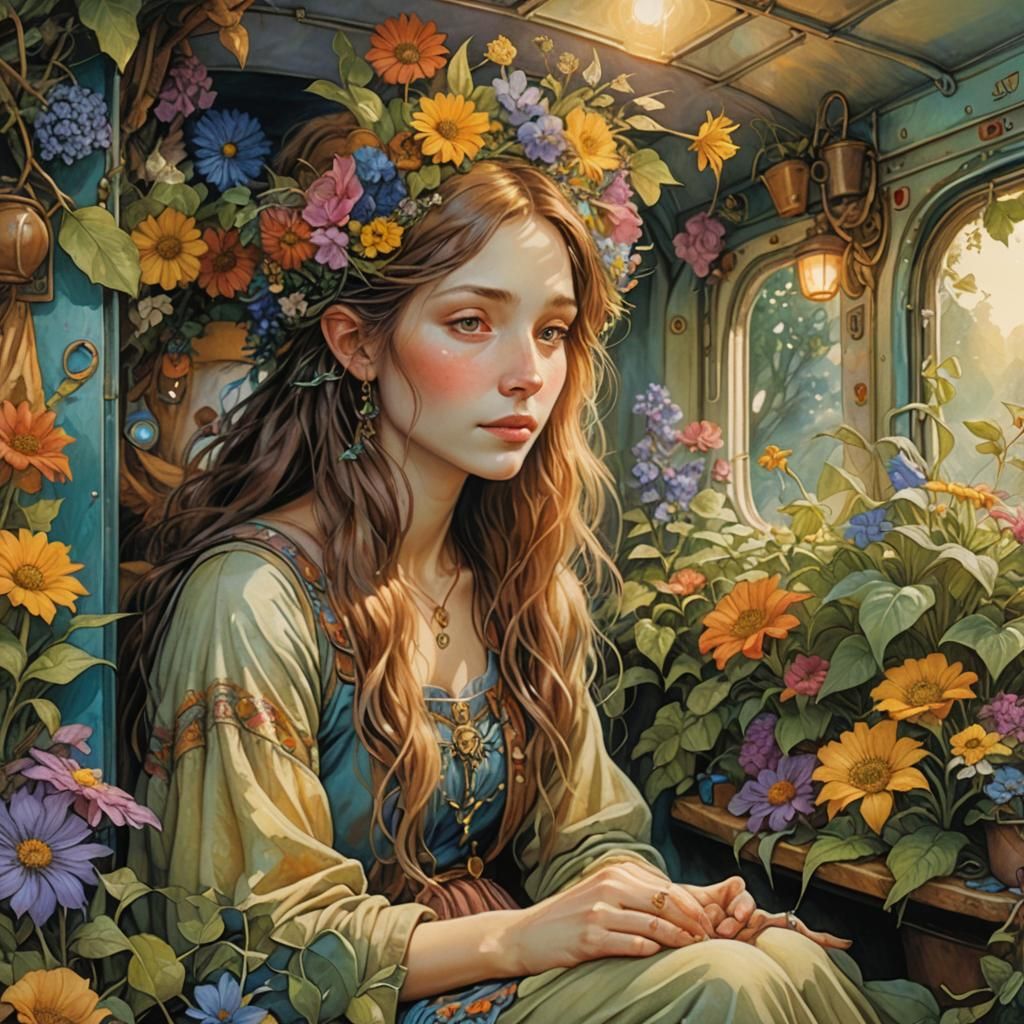 Enchanting Woman in Trailer: Whimsical Fantasy Art