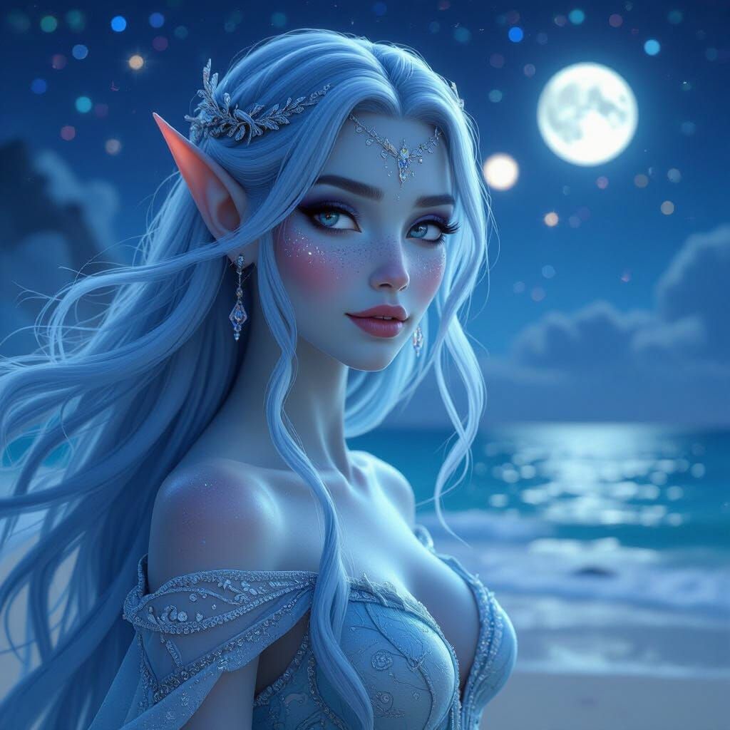 Blue Haired Queen on Magical Beach Under Twin Moons