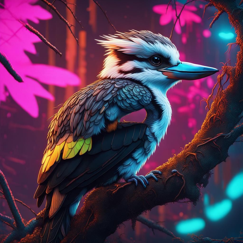 Hyperrealistic Kookaburra in Cyberpunk Setting