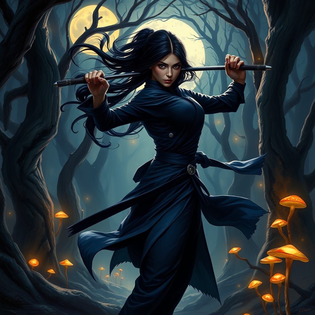 Ninja Woman in Moonlit Forest Harmony