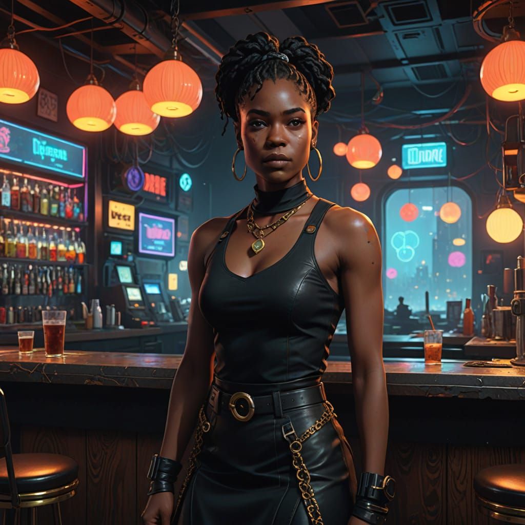 Confident Woman in Black Attire, Neon Accents, and Fantasy D...