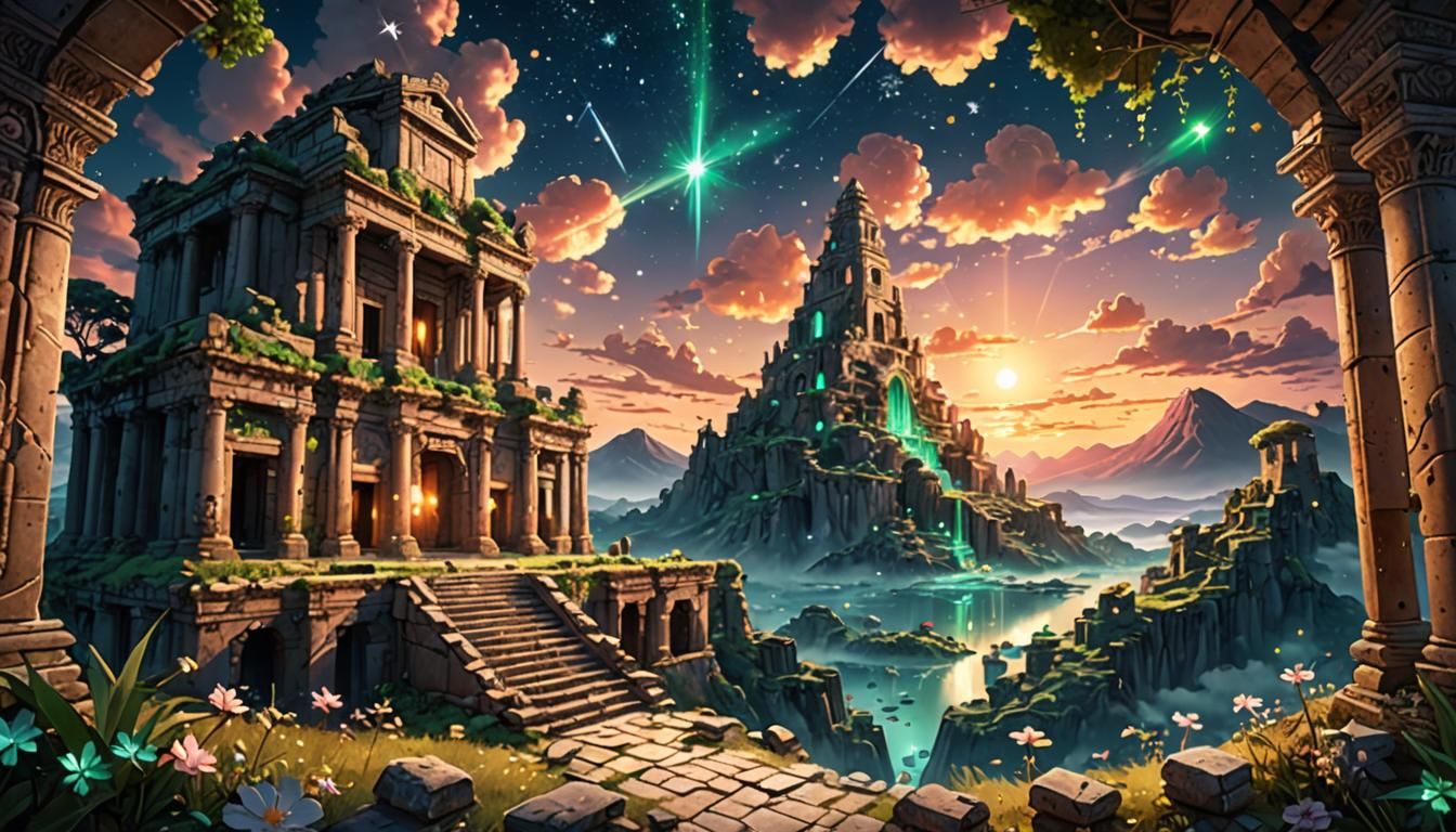 Mystical Jeweled Ruins at Sunset: Anime Wallpaper