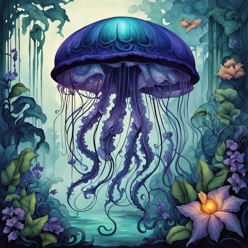 Bioluminescent Jellyfish in Alien Jungle, Art Nouveau Illust...