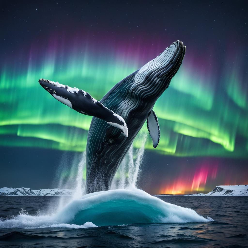 Whale Leaps from Arctic Ocean Under Aurora