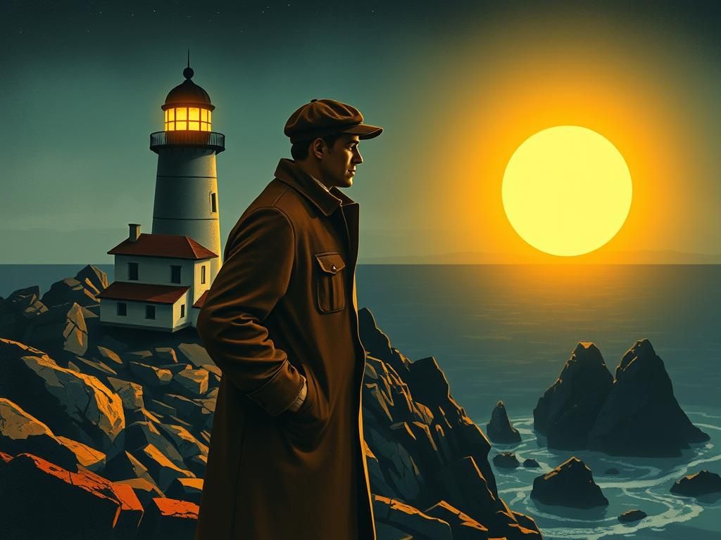 Lighthouse Keeper Silhouette with Glowing Light