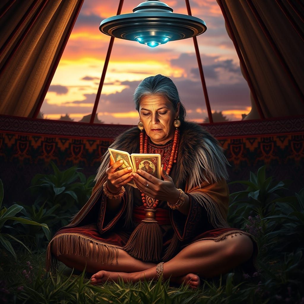 Mystical Maori Shaman Confronts UFO in a Vibrant Sunset