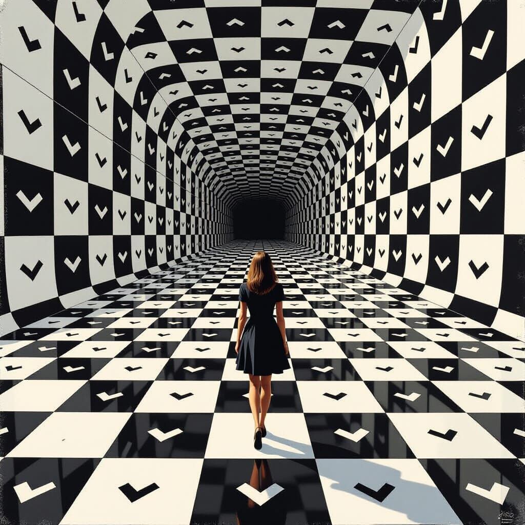 Woman on Checkered Floor in Op Art Style