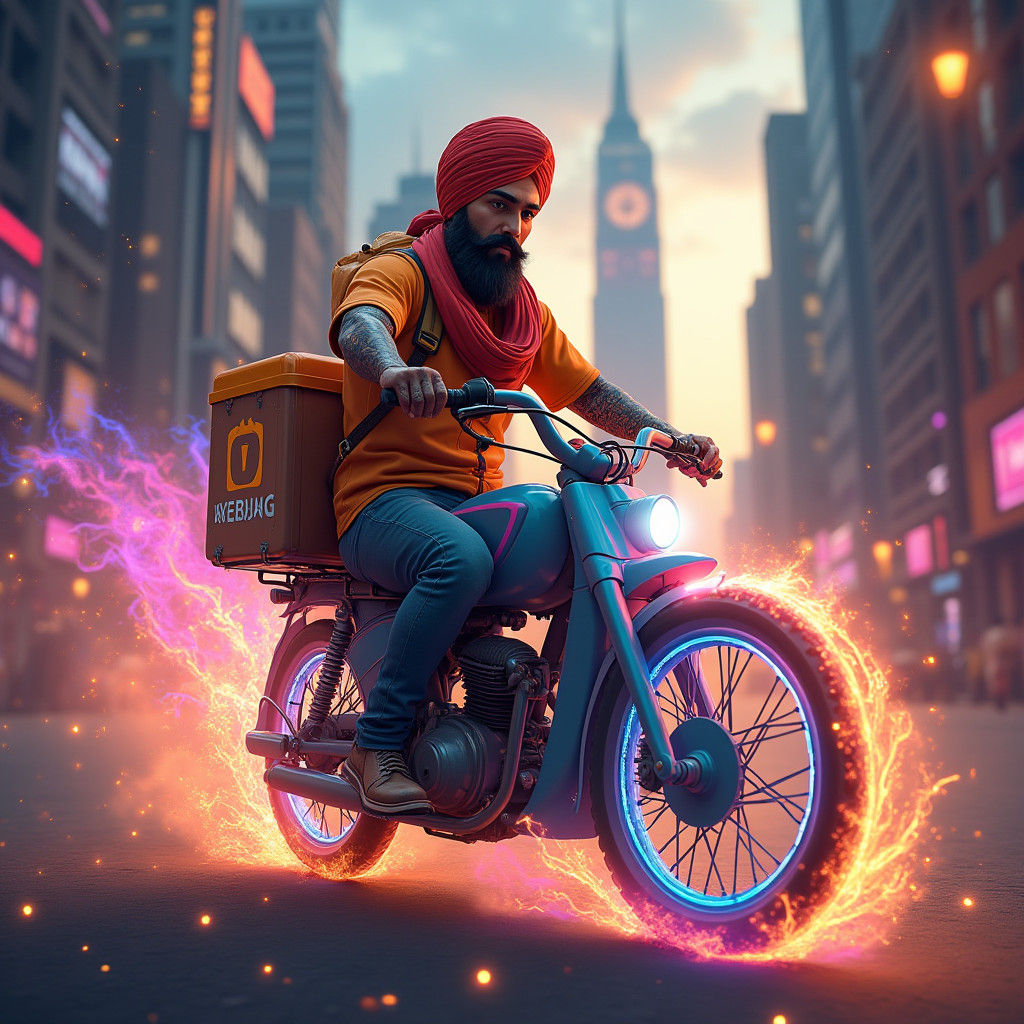 Mystical Uber Eats Rider in a Fantasy Cityscape