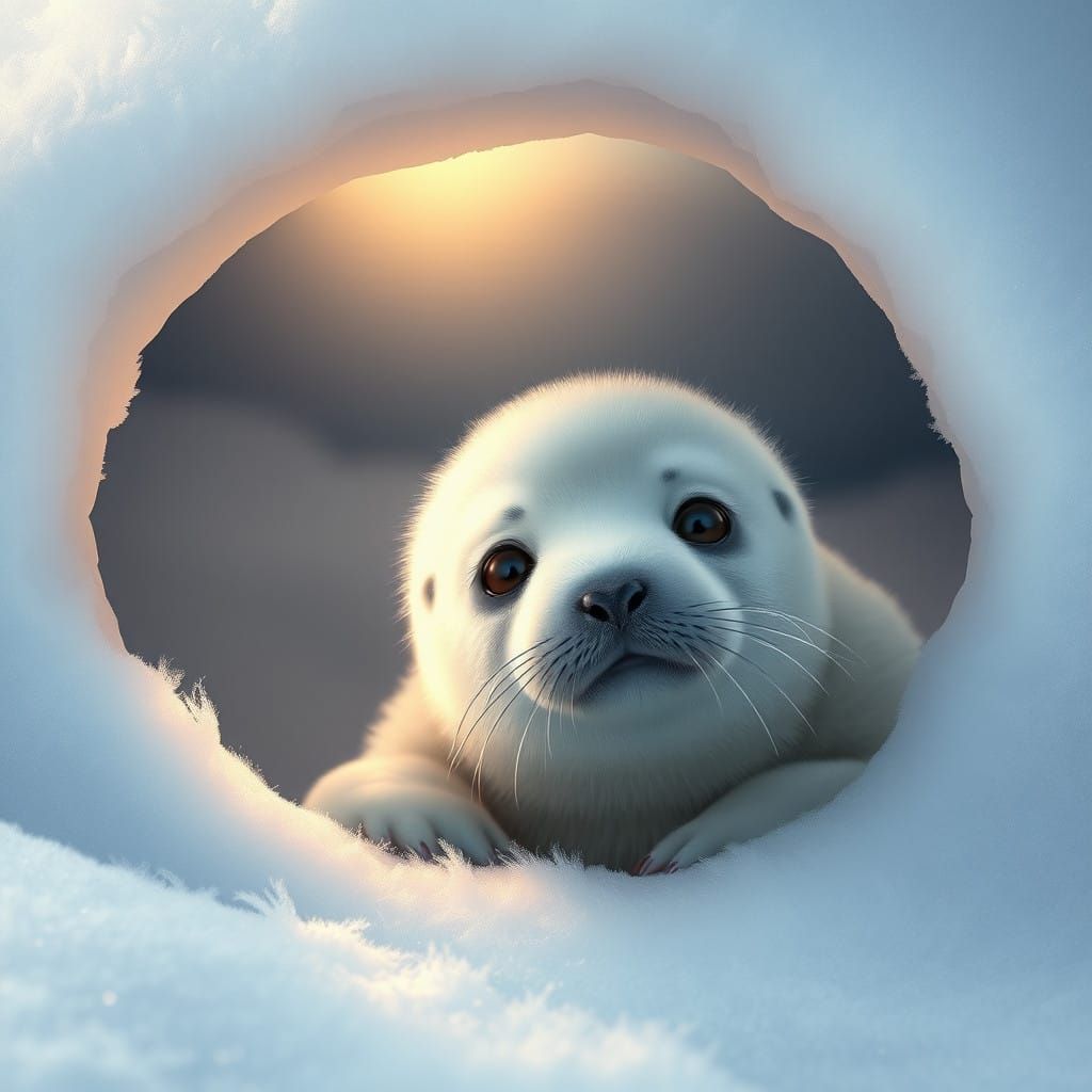 Whimsical Arctic Baby Seal in Dreamy Snowy Landscape