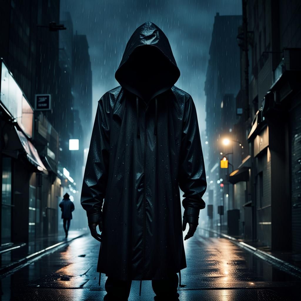 Hooded Figure in Rainy Cityscape Silhouette