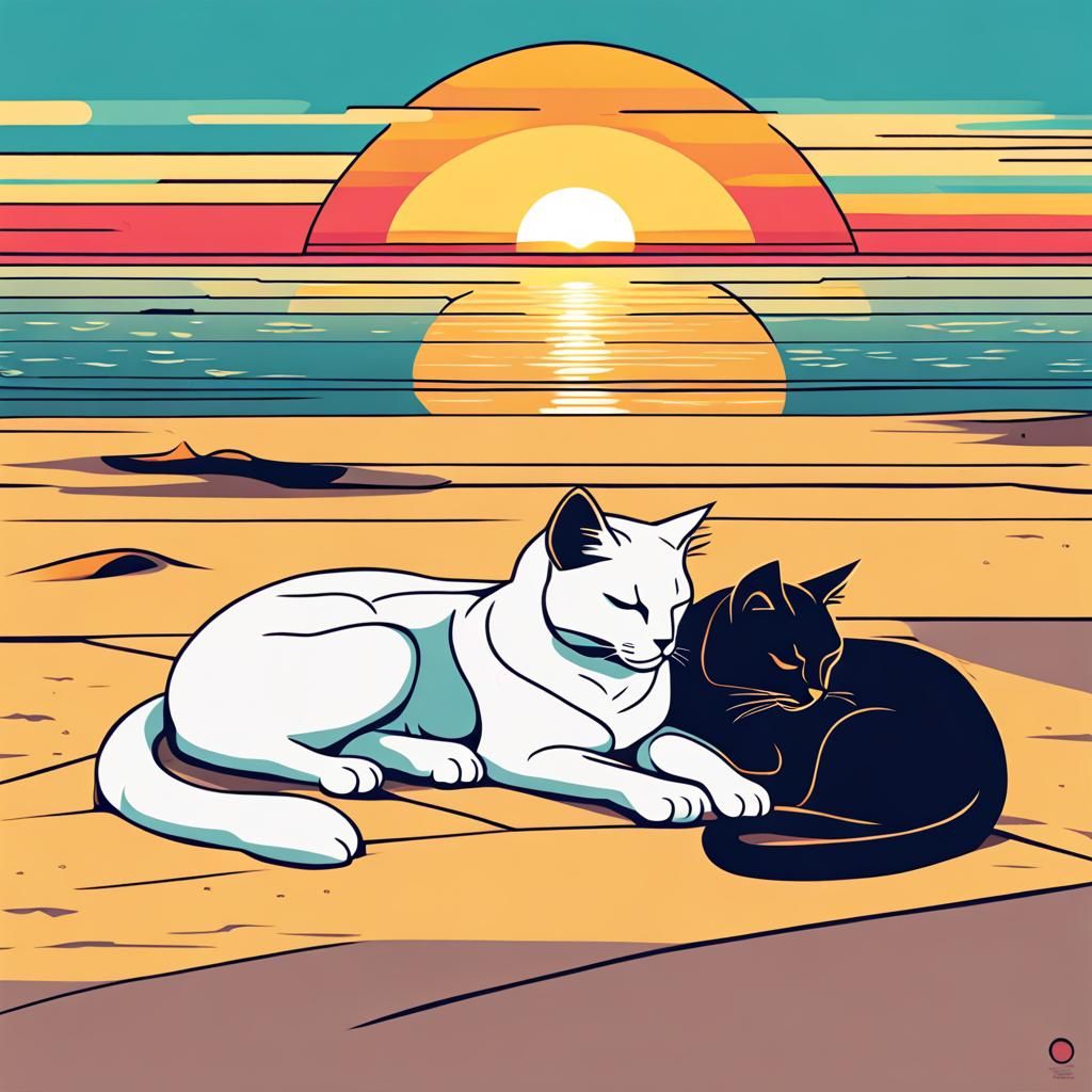 Cat and Dog Beach Sunset in Pop Art Style