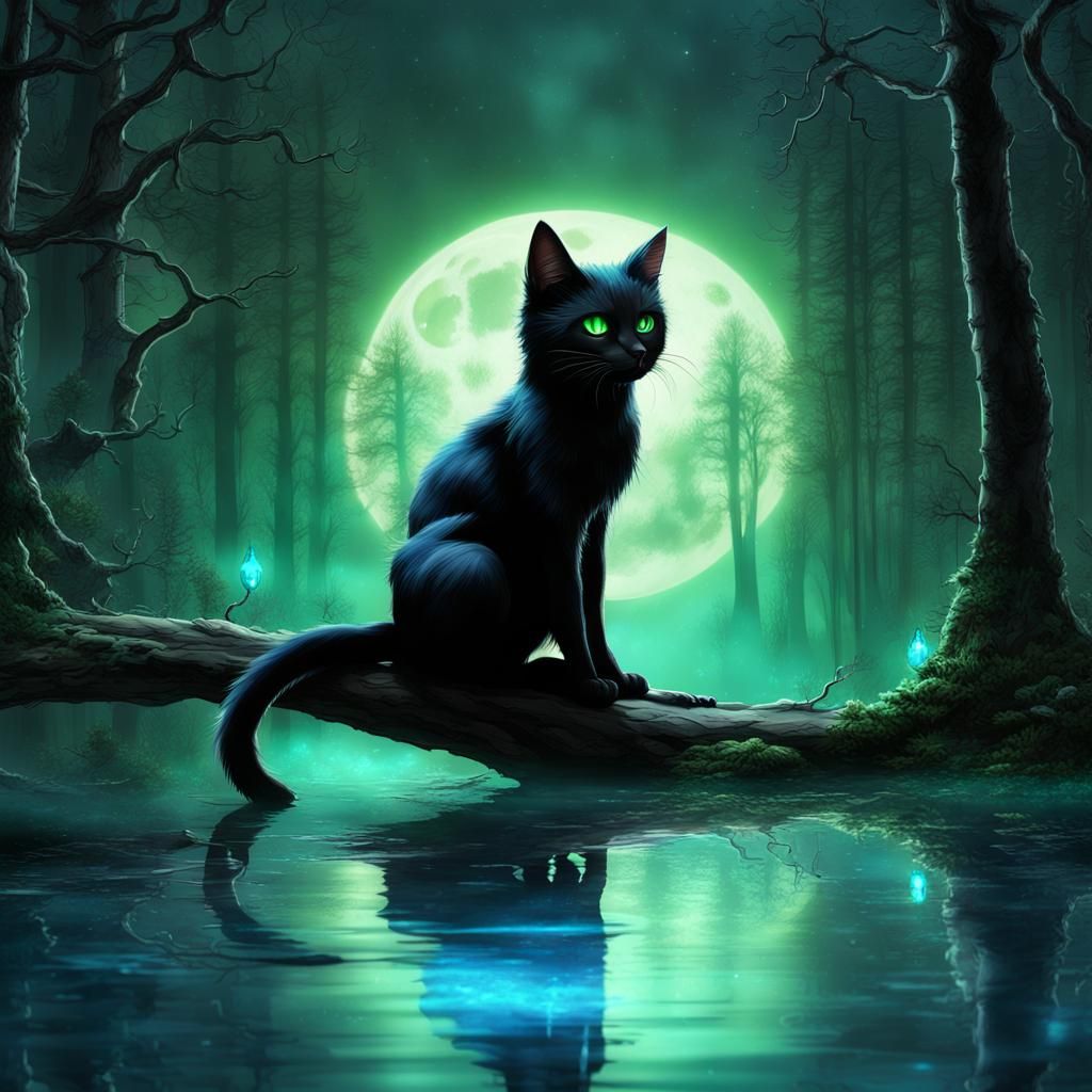 Black Cat with Bat Wings in Dark Forest