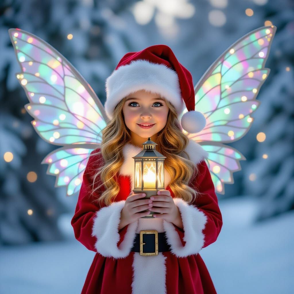 Christmas Fairy Holding Lantern in Snowy Forest