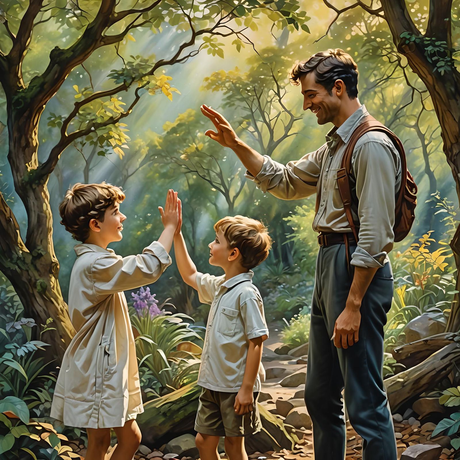 Hyperrealistic Boy High Fiving Dad in Watercolor