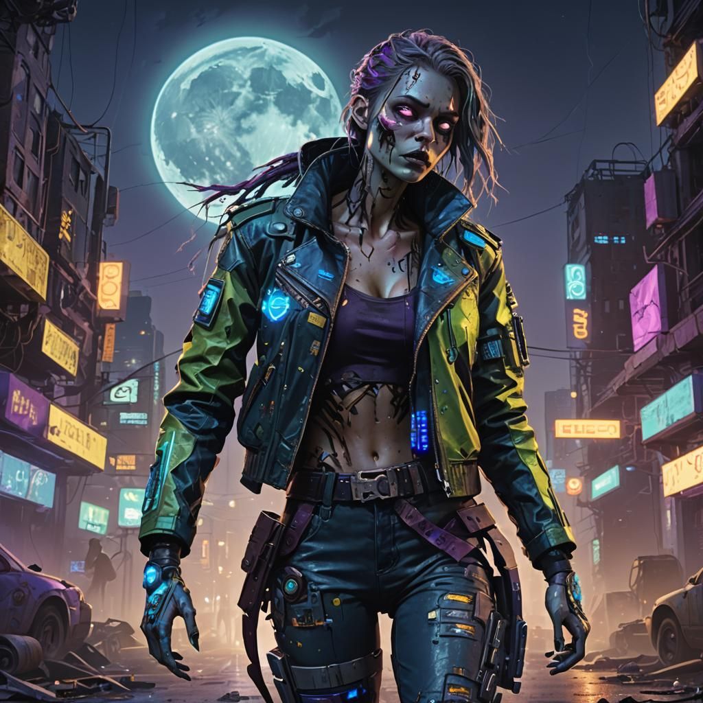 Cybernetic Zombie in Dystopian Cityscape