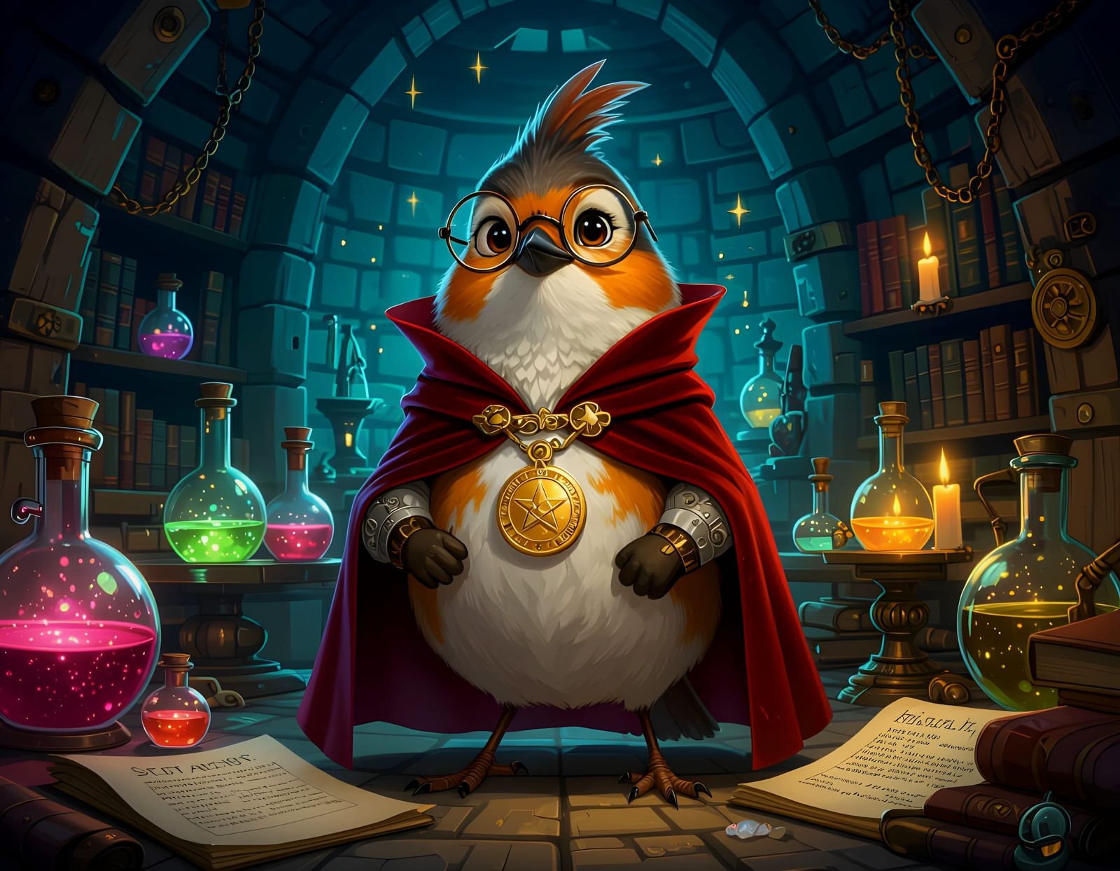 Robin Alchemist Portrait with Medal, Steampunk Fantasy