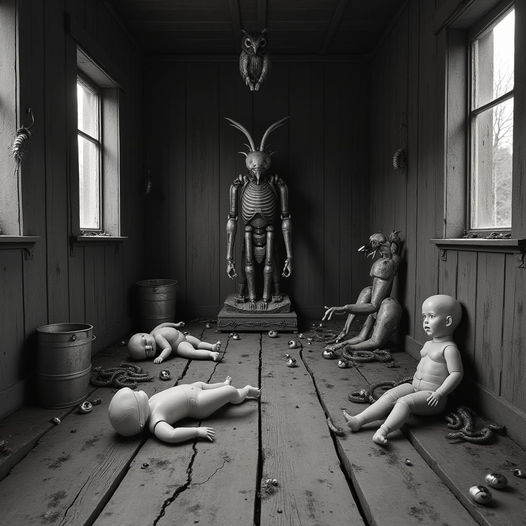 Disturbing Cabin Interior in Black and White