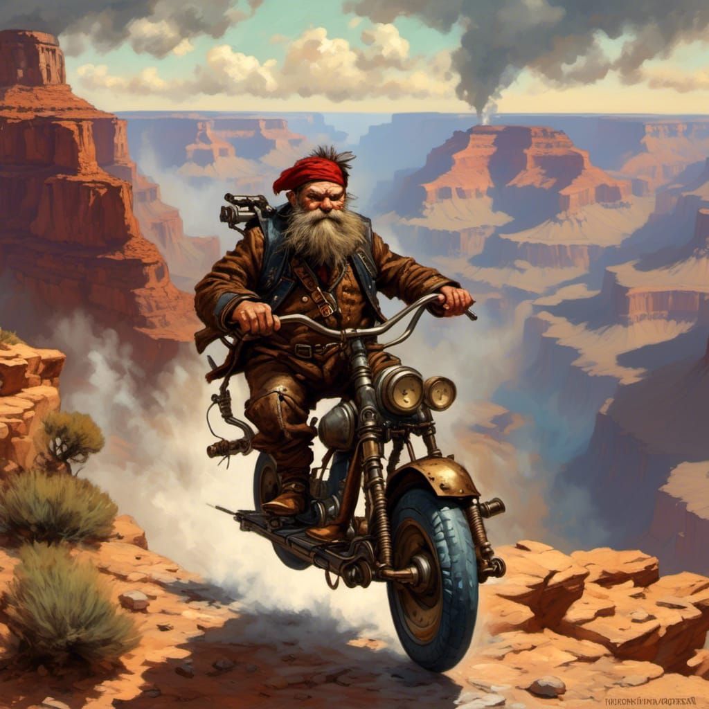 Grungy dwarf steampunk freak jumping his Retro Rocket Powere...