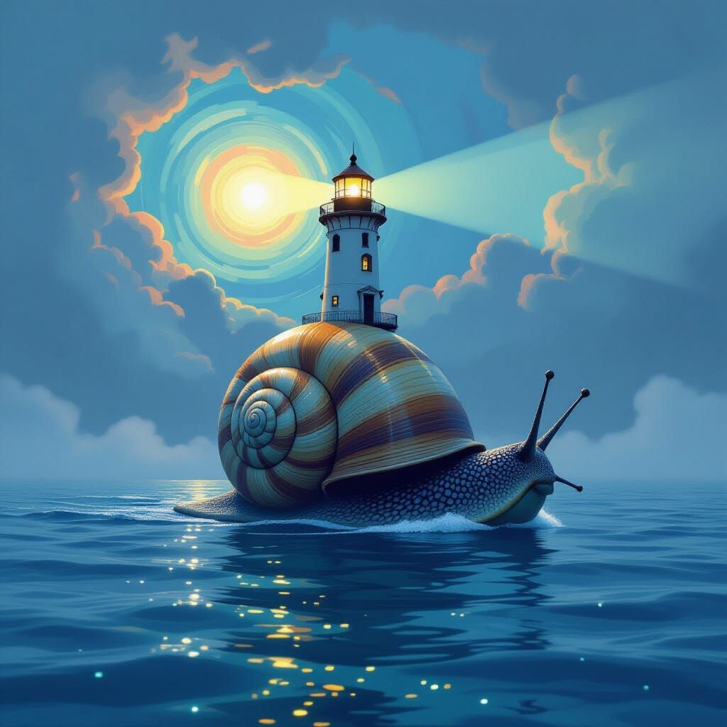 Lighthouse on Snail Shell in Surreal Oceanpunk Style