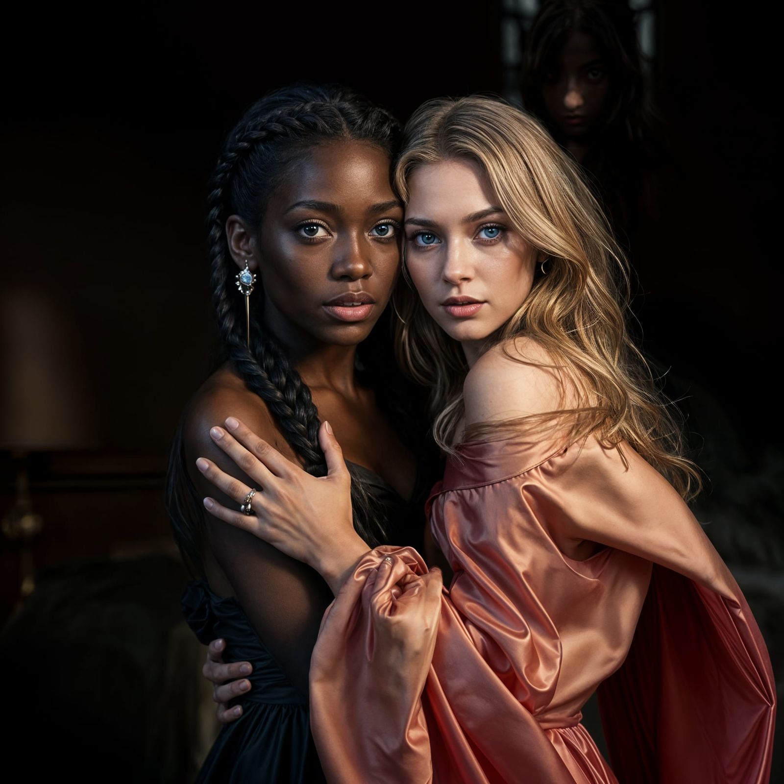 Ebony and Blonde Beauties in Gothic Embrace