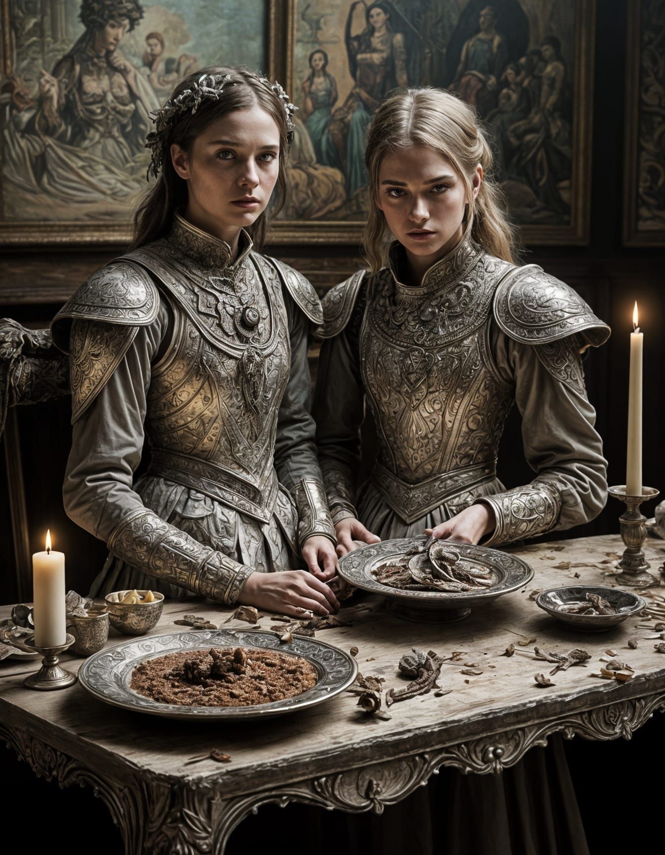 Ethereal Women in Renaissance Dystopia, Enhanced with Hand-D...
