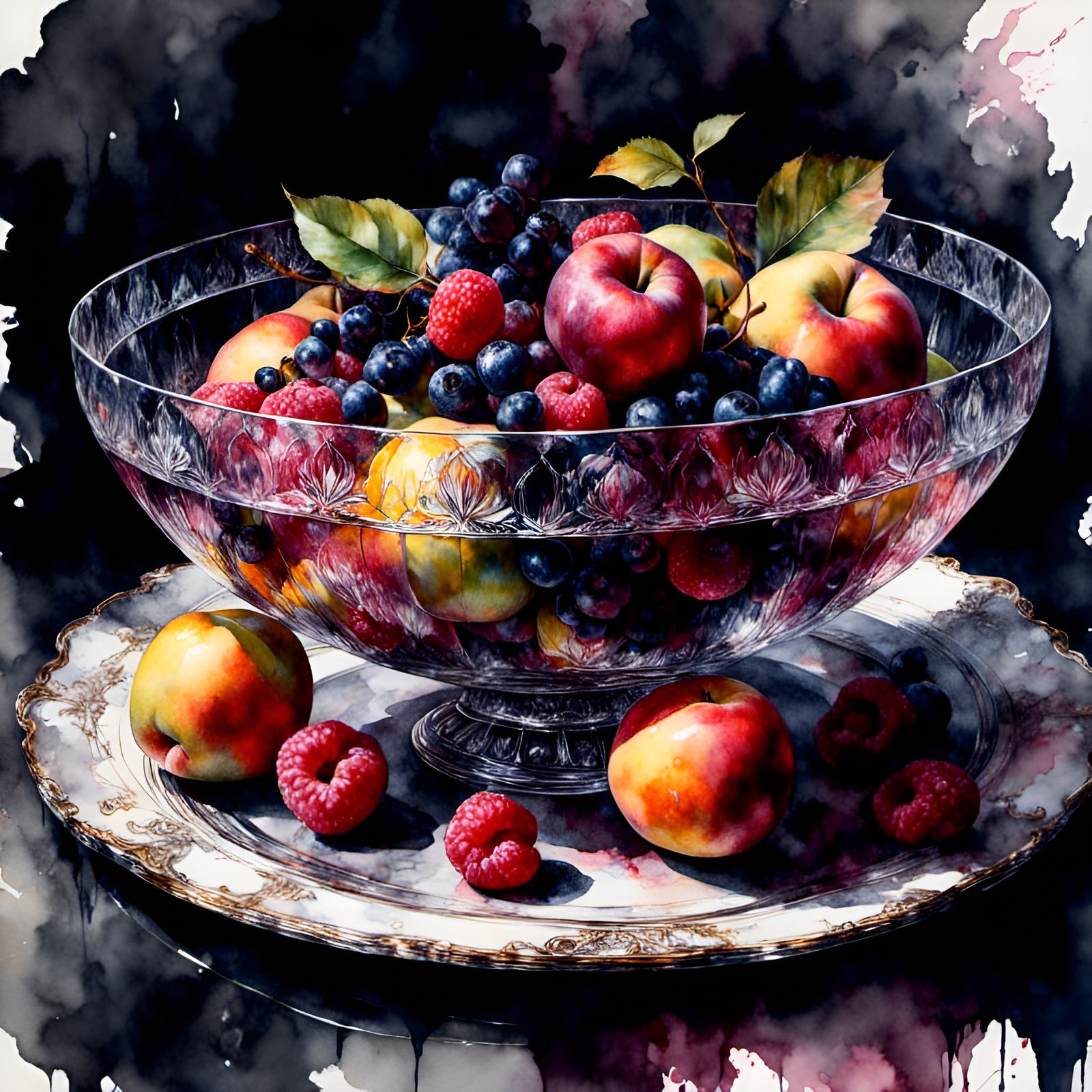 Dramatic Watercolor Fruit Bowl in Chiaroscuro Style