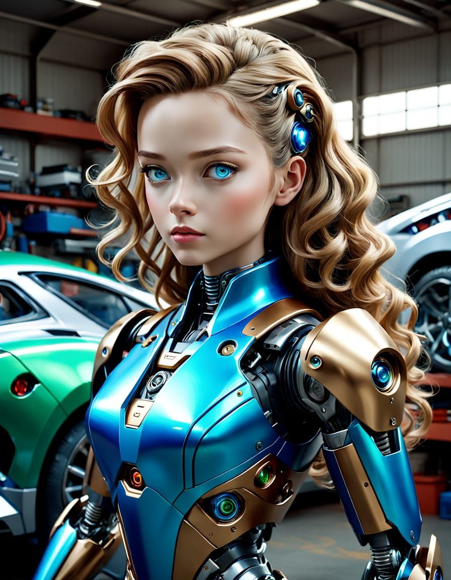 Android Mechanic Works on Futuristic Car in Cluttered Garage