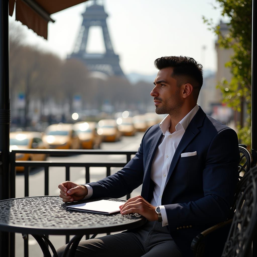 Man at Parisian Cafe with Eiffel Tower View