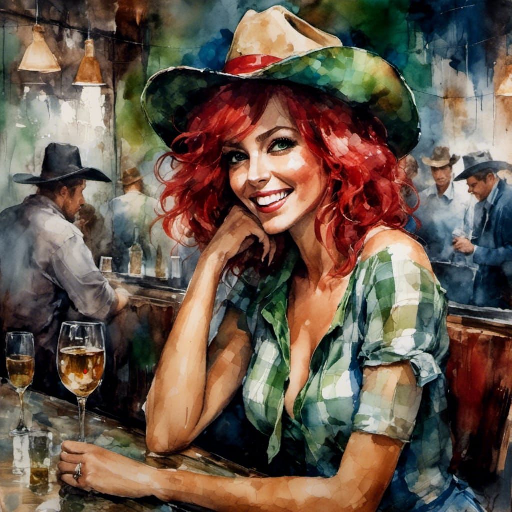 Weary Woman at Bar as Watercolor Painting