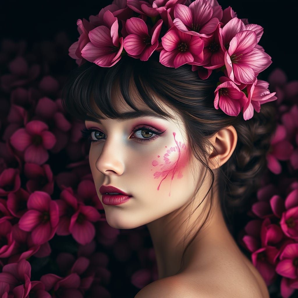 Ethereal Portrait of a Young Woman with Deep Pink Floral Cro...
