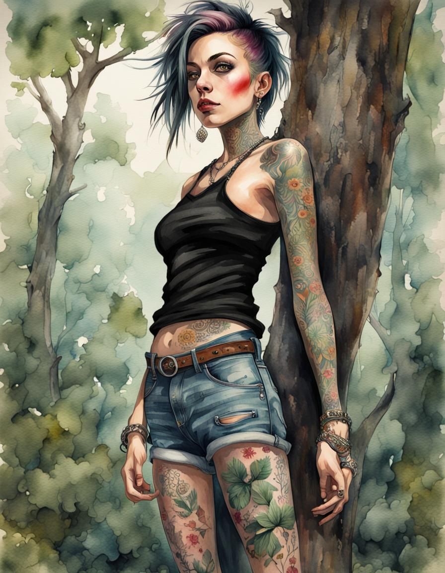 Punk Girl Botanical Watercolor with Tattoos