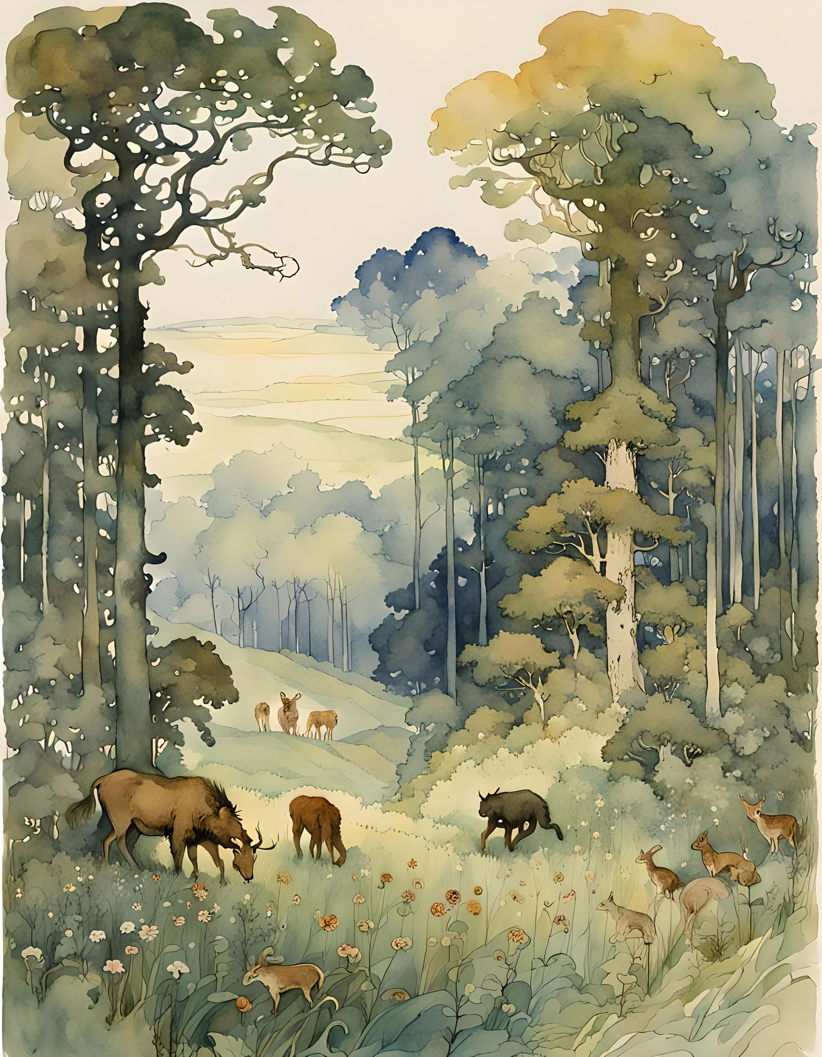 Forest Glade Meadow in Art Nouveau Style