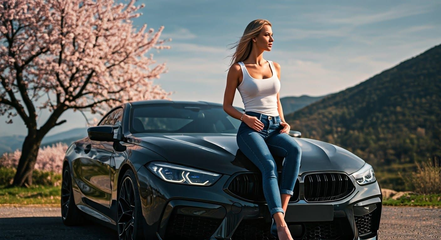 Blonde Woman on BMW M8 with Sakura Tree Backdrop