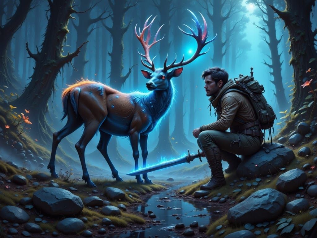 Adventurer in Demonic Forest Watches Magic Stag