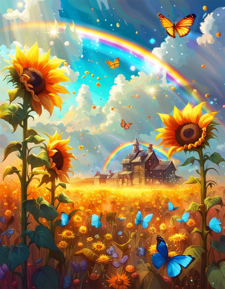 Sparkling Crystalline Sunflower Field with Rainbow