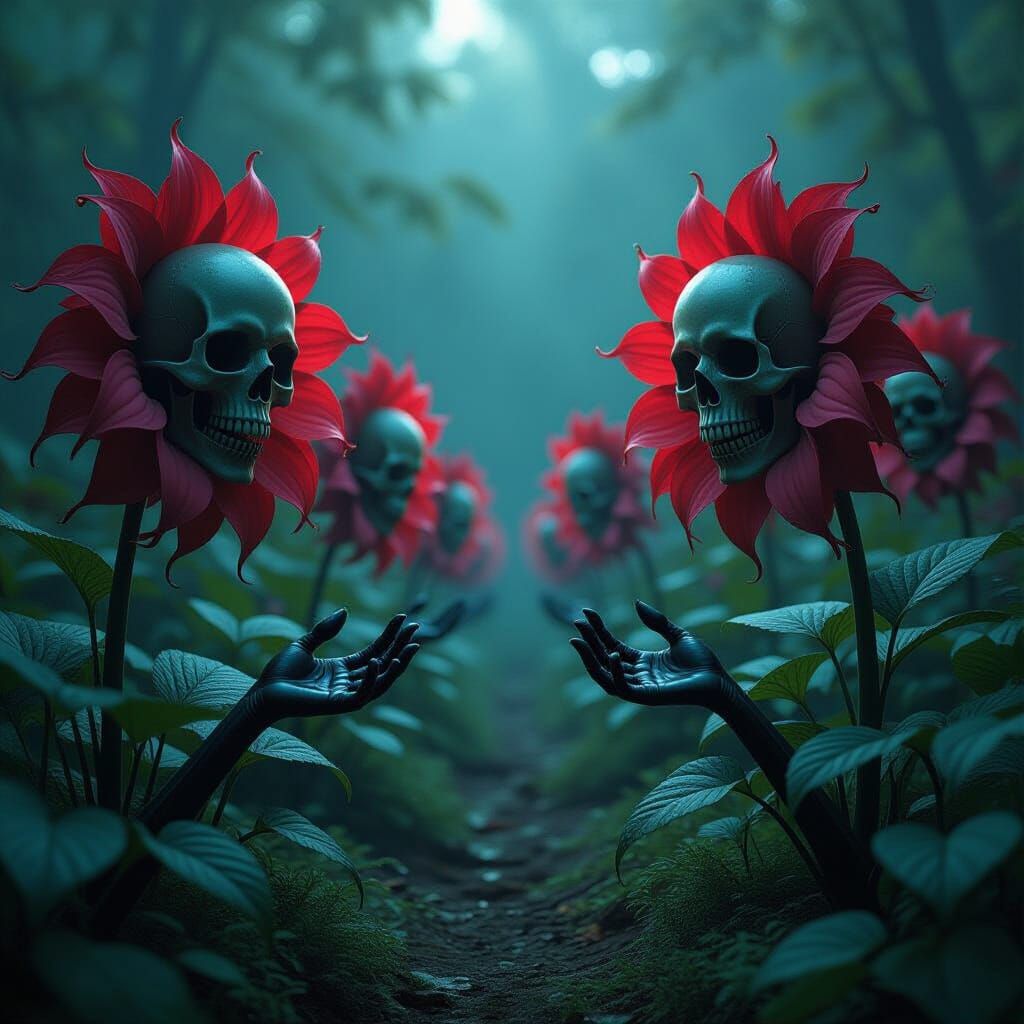 Eerie Garden of Severed Heads in Surreal Style