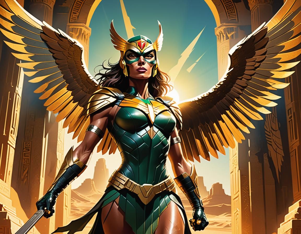 Hawkgirl in Mystical Desert Temple, Comic Book Art