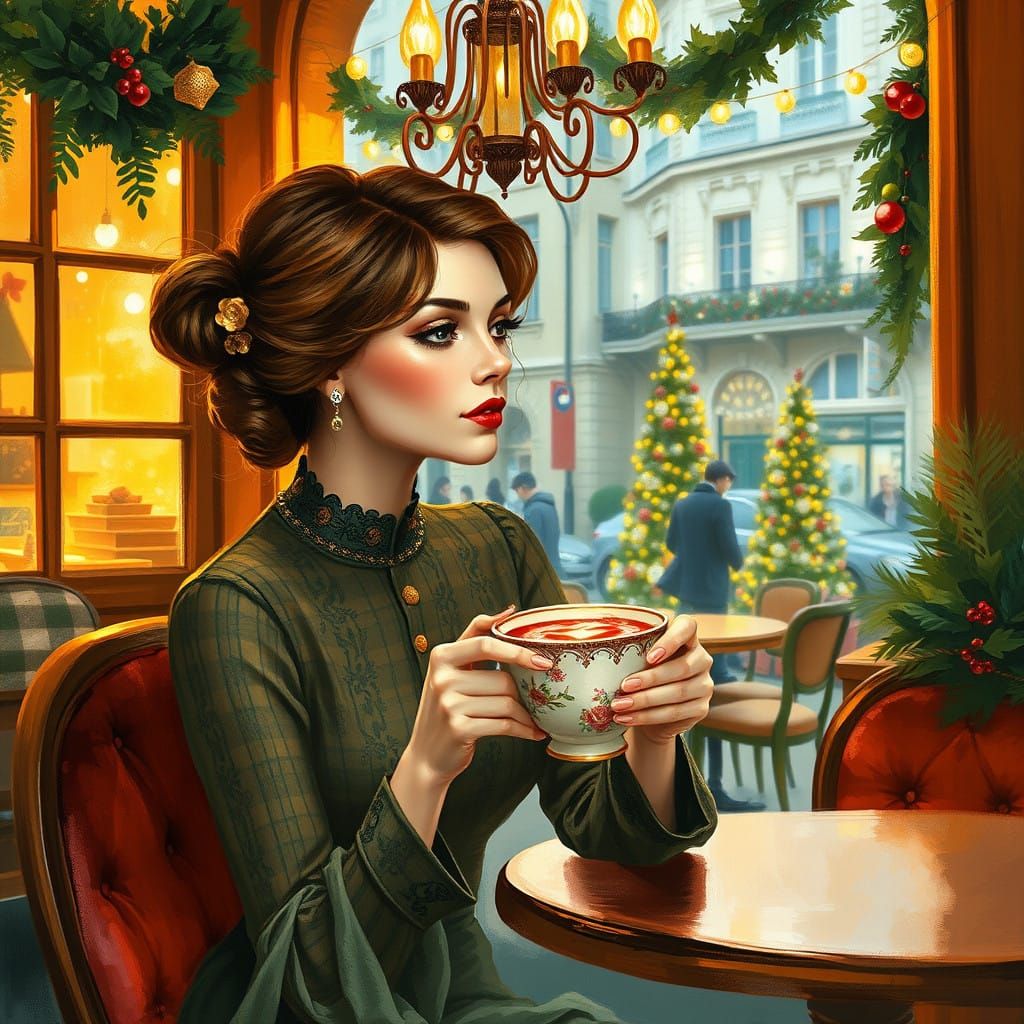 Impressionist Winter Cafe Scene with Elegant Lady
