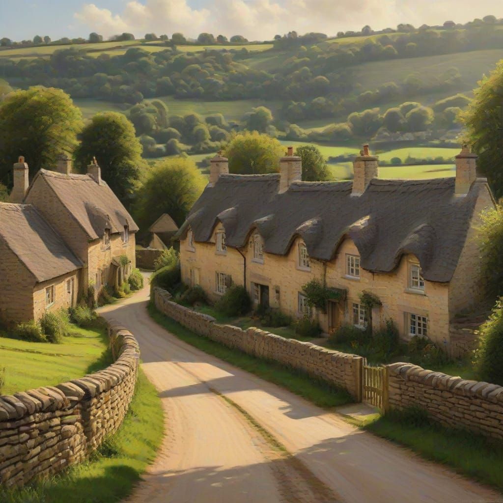 Impressionist Oil Painting of Cotswolds Village at Golden Ho...