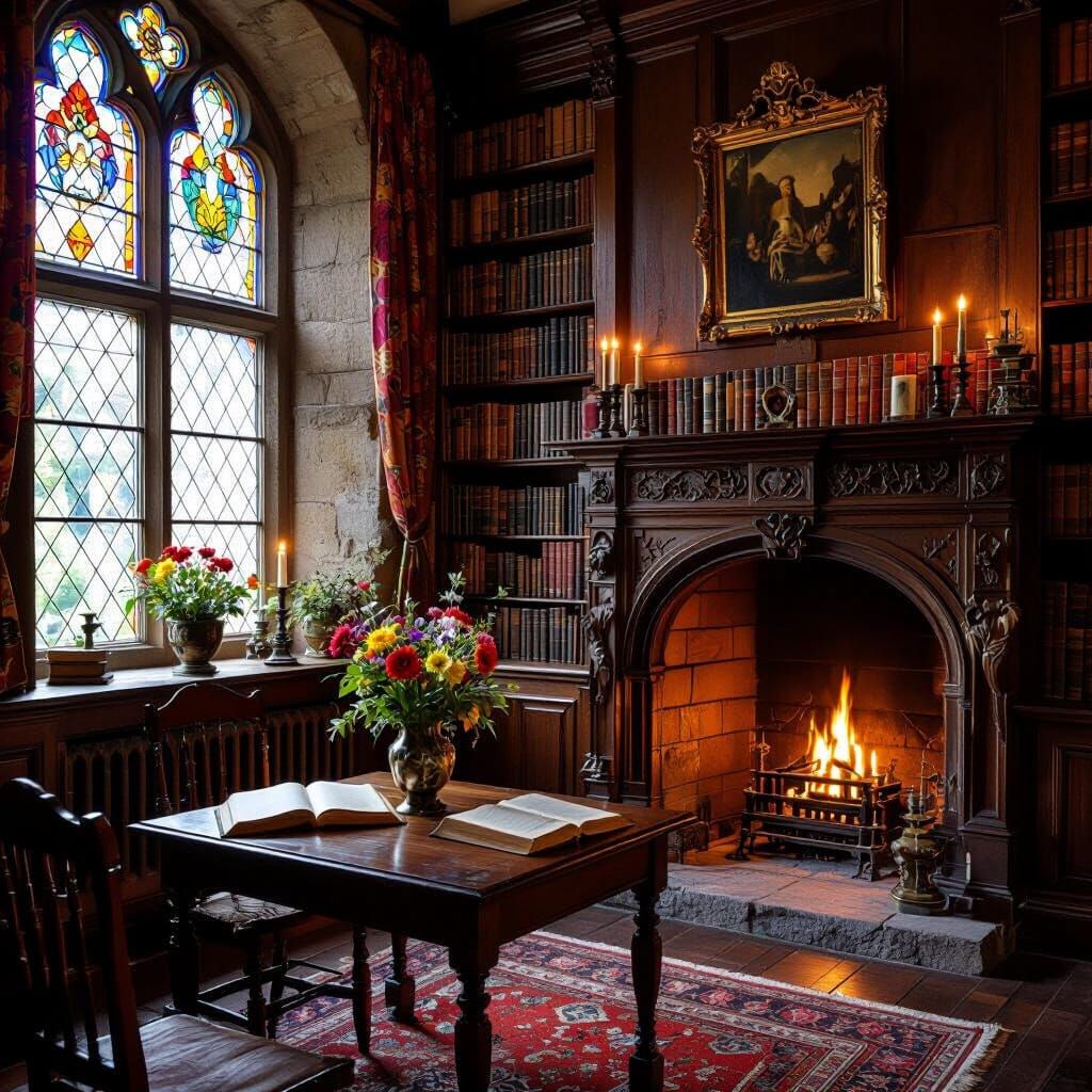 Majestic Medieval Library with Stained Glass Window