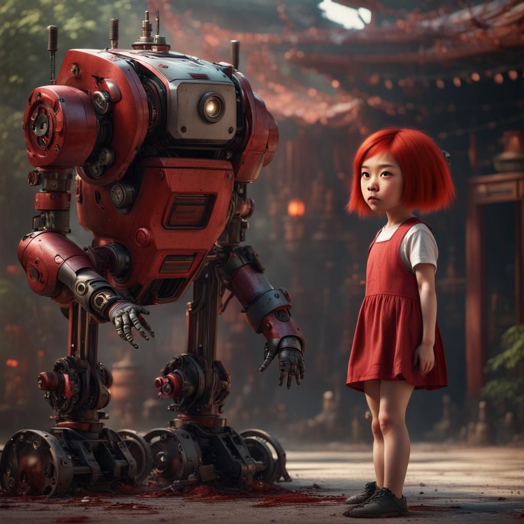 Disturbed Girl with Robot: Hyperrealistic Digital Art