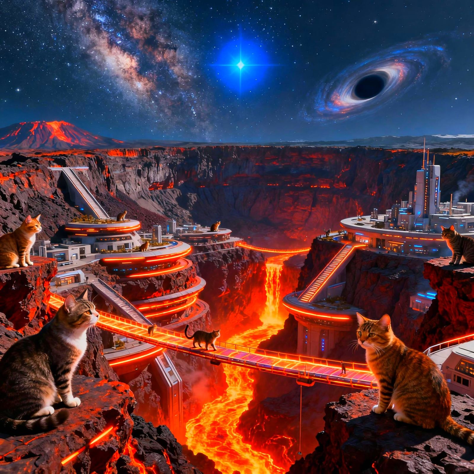 Cat-Built Futuristic City in Volcano Caldera