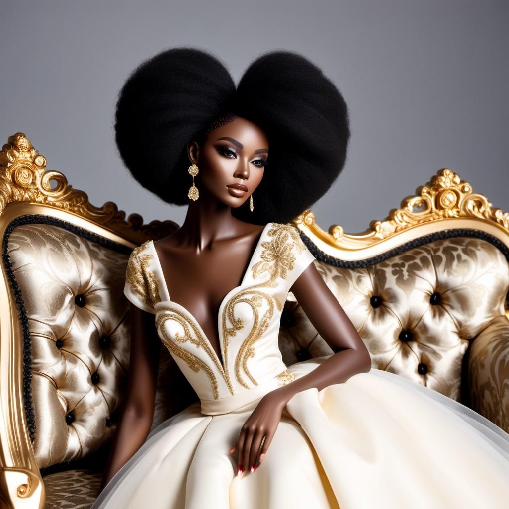 Elegant Black Doll on Brocade Sofa, Porcelain Style