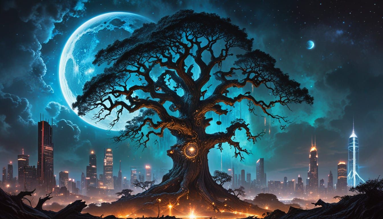 Cyberpunk Oak Overlooks Futuristic Cityscape