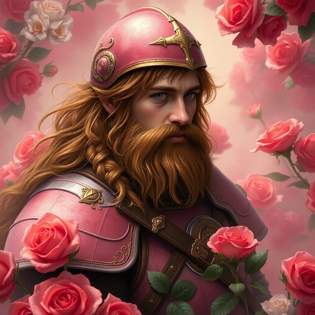 Dwarf Warrior in Rose Garden, Hyperdetailed Digital Art