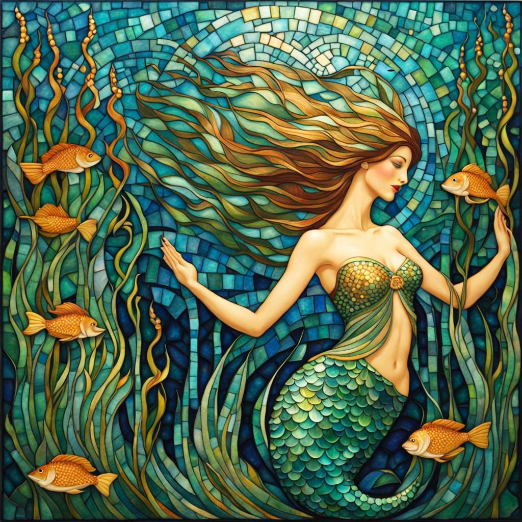 Underwater Palace Mosaic with Mermaid in Art Nouveau Style
