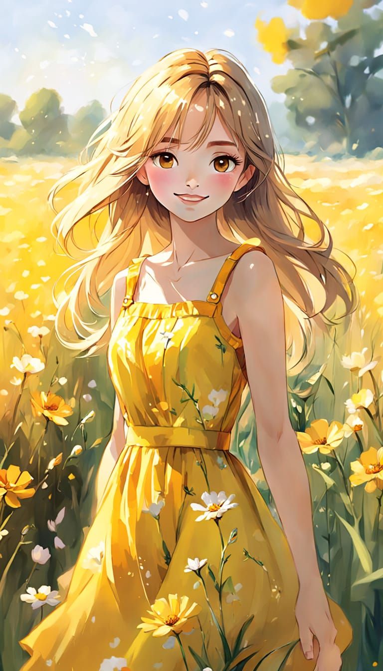 Joyful Girl in a Field of Flowers