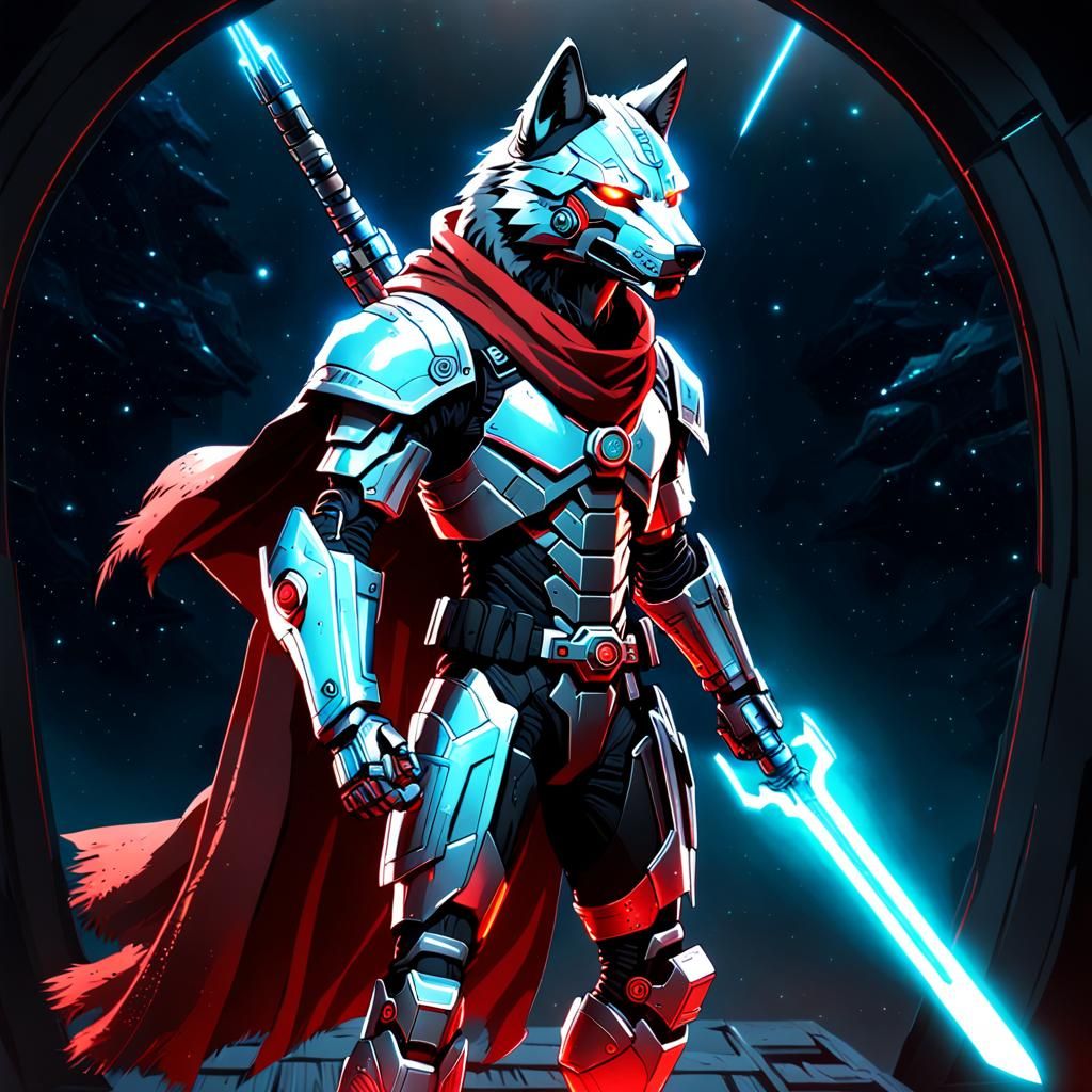 Bioluminescent Cybernetic Wolf Assassin in Space