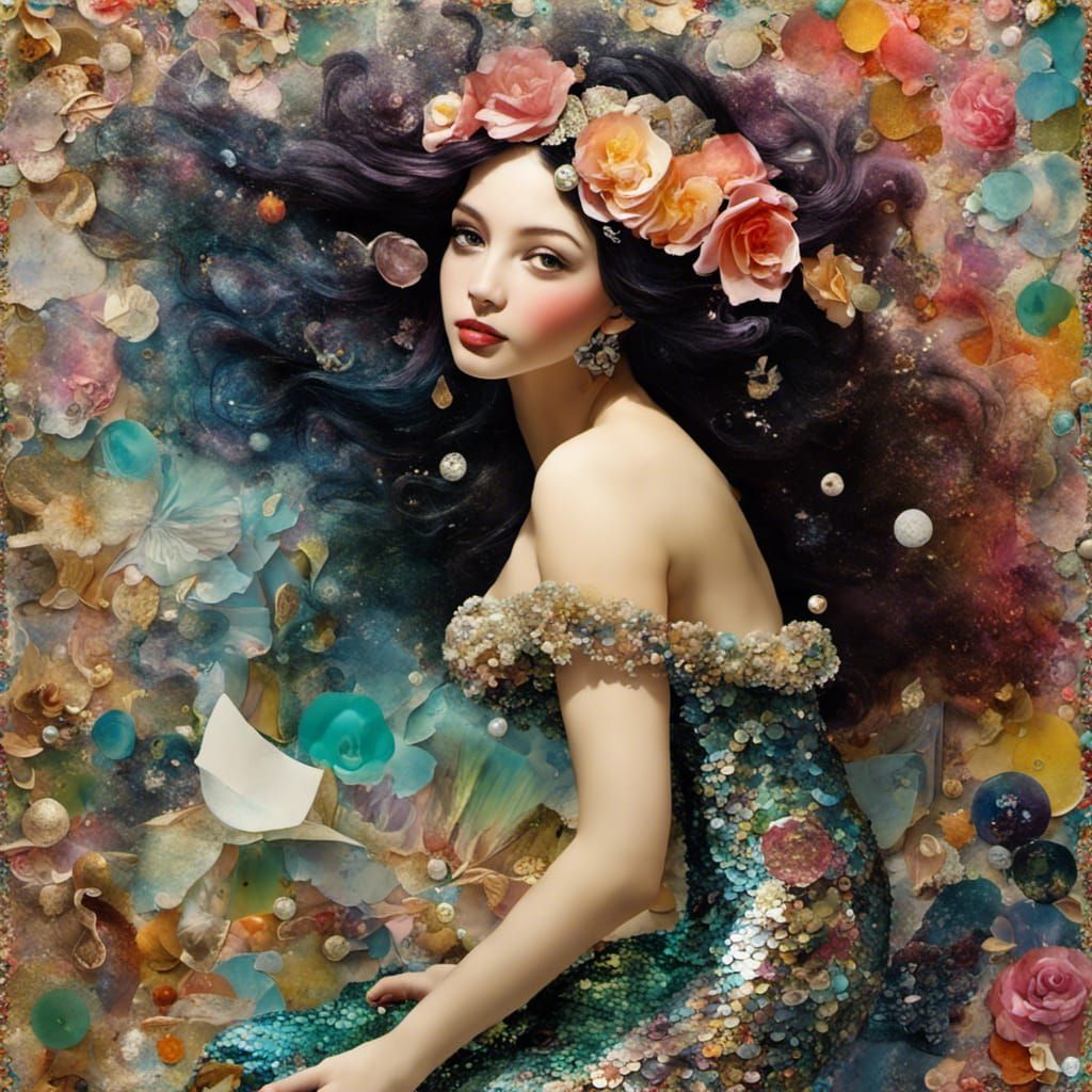Mermaid in Mixed-Media Collage with Vintage Elements